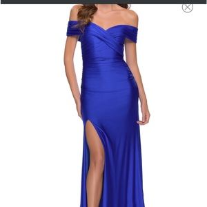 La Femme Royal Blue Off the Shoulder Stretch Jersey Gown Size 4 Orig $348
